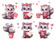 Cute Raccoon Set, Funny Animal Cartoon Character in valentine day Situation Illustration on isolated white background