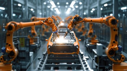 Wall Mural - Orange industrial robot arm assembles EV battery packs on the automatic production line. Advanced robot arm in automotive factory assembles batteries