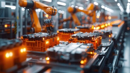 Orange industrial robot arm assembles EV battery packs on the automatic production line. Advanced robot arm in automotive factory assembles batteries