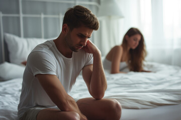 handsome model man sitting on the edge of his bed worried expression, in the background a woman look