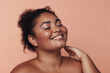 © Michael - beautiful, plus size black woman looking happy, full body view, perfect skin, studio shot, peach light color background