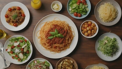 Wall Mural - Food knolling, table of food, spaghetti, salad, tomato, leaves, ketchup