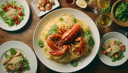 Wall Mural - Food knolling, table of food, spaghetti, salad, tomato, leaves, ketchup