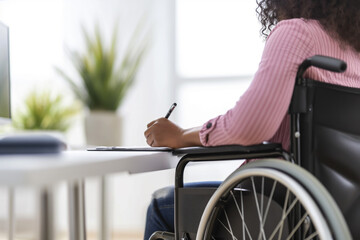 flat lay view close up of disabled in wheelchair black corporate woman writing on notebook on the table in the office --ar 3:2 --style raw --v 6 Job ID: 22b7d053-3c87-4b68-8267-8f966ed2f91f