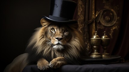 Wall Mural - Lion in a top hat. Luxurious portrait of a lion.