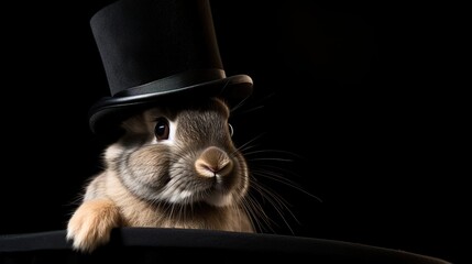 Wall Mural - Cute rabbit in top hat, isolated on black background, studio shot