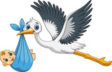 Fototapeta  - 
Cartoon of a cute stork carrying  a newborn baby