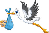 Fototapeta  - Cartoon of a cute stork carrying  a newborn baby