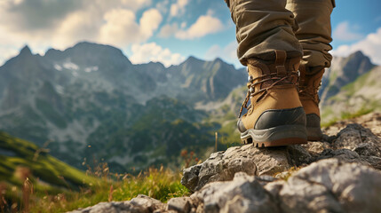 a close-up of a hiker's boots on a rugged mountain path, with the scenic beauty of the mountains in 