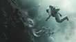 A dramatic scene of a spaceman falling off the edge of a cliff, with the vastness of space in the background Below him, a giant tentacle beast emerges from the abyss, awaiting his , AI Generative
