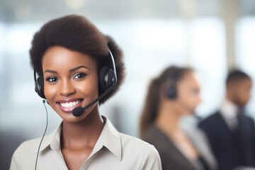 Poster - Woman wearing a headset at office call center