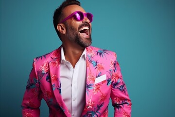 Portrait of a happy young man in pink sunglasses on blue background