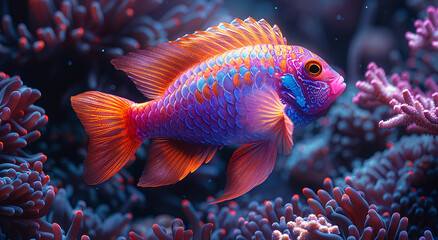 Wall Mural - Vibrant tropical fish swimming near colorful coral reef in underwater scene.