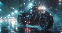 Futuristic Motorcycle On A Rainy City Street At Night, With Vibrant Lights And Wet Asphalt.