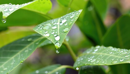 Leaves with drops of water falling from natural phenomena that occur in the morning and after rain