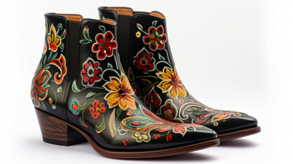 Wall Mural - A pair of ankle boots with a touch of bohemian flair featuring handpainted designs inspired by the folk art of the brands origin country. Ideal for adding a unique touch to