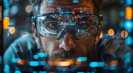 Wall Mural - Close-up of a man wearing futuristic augmented reality glasses with reflective digital data overlay.