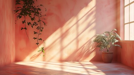 Wall Mural - Playful peach interior with geometric sunlight and shadows. Empty wall mockup.