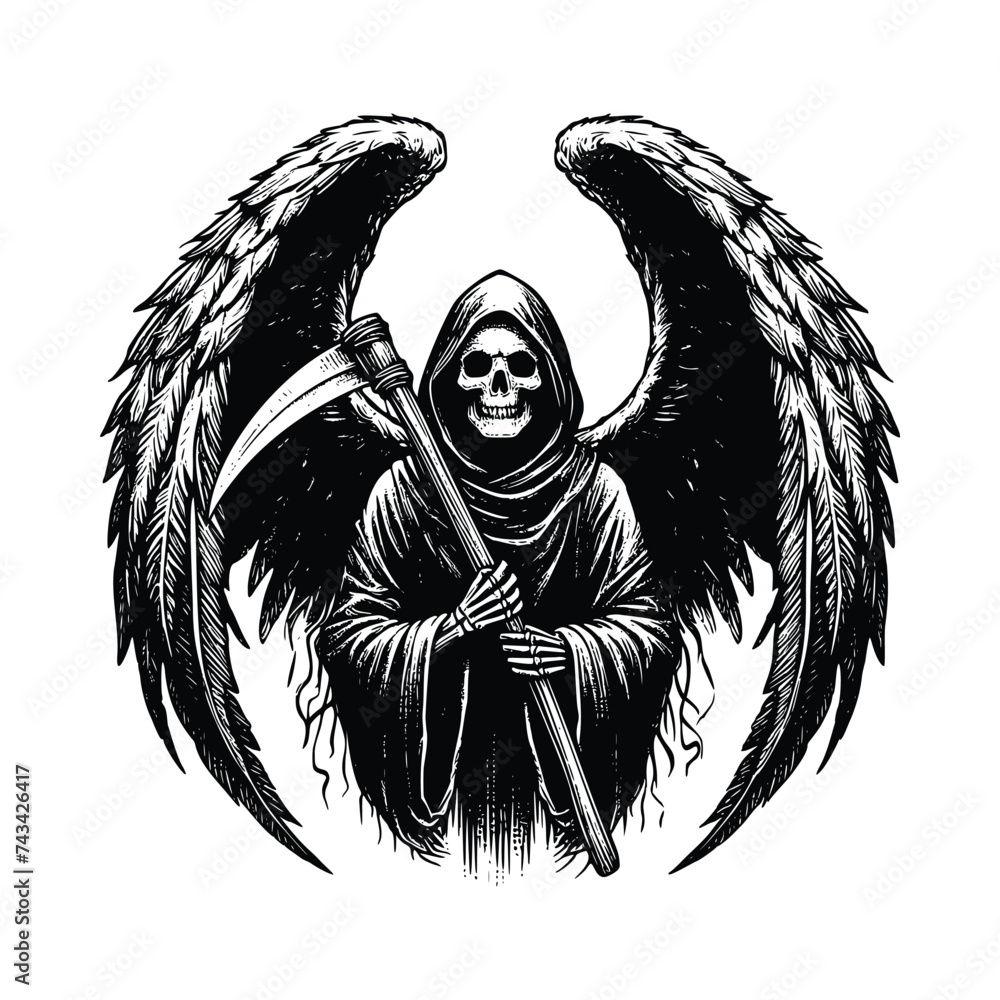 skeleton grim reaper with scythe black and white vector illustration ...