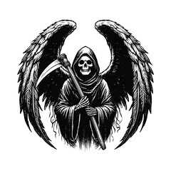 Wall Mural - skeleton grim reaper with scythe black and white vector illustration