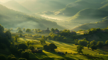 Wall Mural - plain and valley landscape in the morning fog