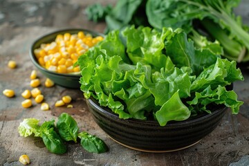 Wall Mural - Full bowl of fresh green salad on the table in the kitchen