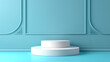 © feeling lucky - A modern, minimalist product display stand with a vibrant blue textured backdrop and clean white podiums, ideal for showcasing items.