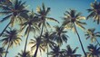 palm trees against blue sky, A nostalgic view of palm trees against a blue sky, tropical paradise vintage vibes, relaxation wanderlust, retro charm, Olivia Summers,