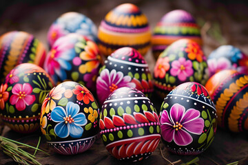 Cheerful Easter eggs decorated with bright stripes, polka dots, and floral designs, capturing the spirit of spring in all its colorful glory.