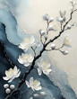 Obraz przedstawiający kwitnącą gałąź , malowany tuszem chińskim na akwarelowym tle, tapeta generative ai