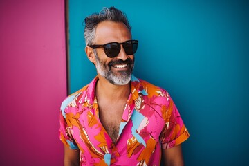Wall Mural - Portrait of a handsome Indian man wearing sunglasses and a colorful shirt