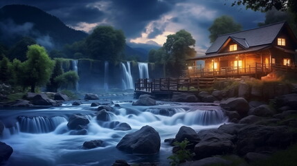 village view at night with river on the middle, village at night wallpaper and background