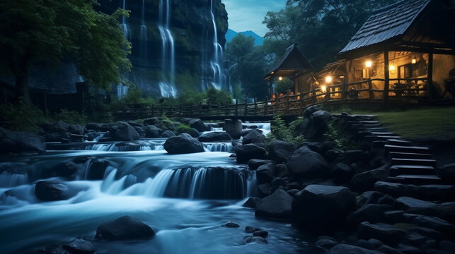 village view at night with river on the middle, village at night wallpaper and background