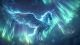 Fototapeta  - unicorn with horn and wings under aurora