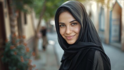 Smiling pretty muslim woman wear black hijab. Middle eastern girl portrait. Religious lady look at camera. Beautiful female arab person face closeup. Happy arabian model concept. Outdoor background