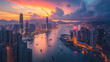 Hong Kong Victoria Harbor during the enchanting hour of dusk with scene of natural beauty and urban sophistication.