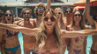 © aekkorn - Happy crowd at a poolside celebration, colorful swimwear and sunglasses in full display