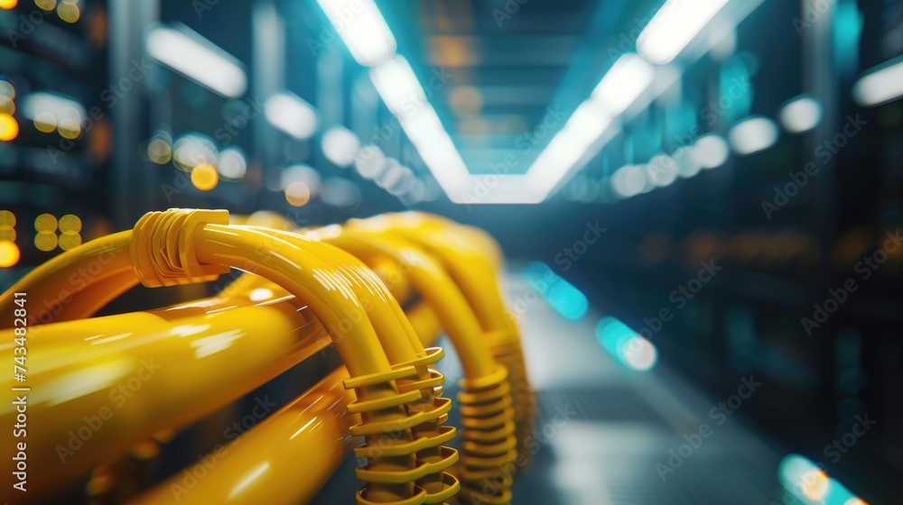 Close-up photo of LAN yellow cable head in server room, Vibrant Yellow ...