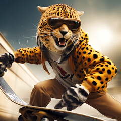 Poster - A cheetah as a skateboarding sensation performing sketing