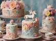 Multiple light blue cakes placed on the table. The cake is decorated with flowers and unicorn.
