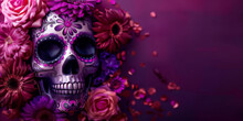 A Sugar Skull With Purple Flowers On A Purple Background,banner