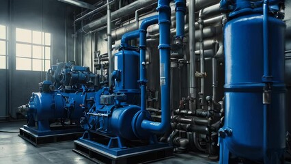 Wall Mural - Industrial Water Pumps system room high pressure electric blue pump set Maintenance
