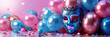 blue and pink mask surrounded by balloons on pink background,  women's day holiday, Valentine's Day, copy space