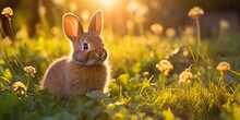 Sunny Summer Day, A Brown Baby Rabbit Sits Contentedly On The Lush Green Grass. With Its Soft Fur And Floppy Ears, It's An Adorable Sight To Behold. The Warm Sunlight Illuminates Its Fur