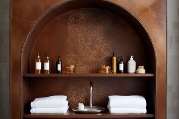 Bold Moroccan Tile Bathroom with Brown Leather Shelf: Inspirational Design Featuring Striking Tile Backdrop