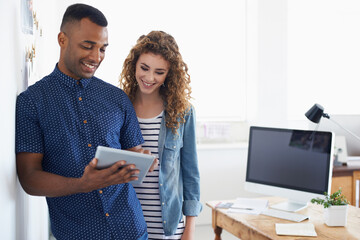 Business people, tablet and web design collaboration with smile, teamwork and digital work in office. Employee, happy and professional with project of creative staff and website developer with scroll