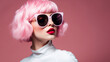 © AspctStyle - Chic Woman with Pink Bob Hairstyle and Stylish Oversized Sunglasses on Pink Background. Fashion Forward