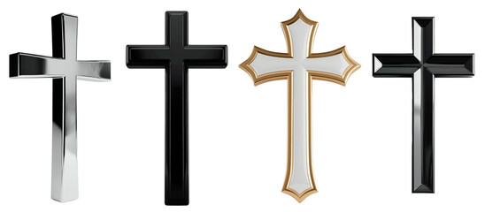 Set of Christian crosses. Religion and belief in God. Silver and black cross. Isolated on a transparent background.