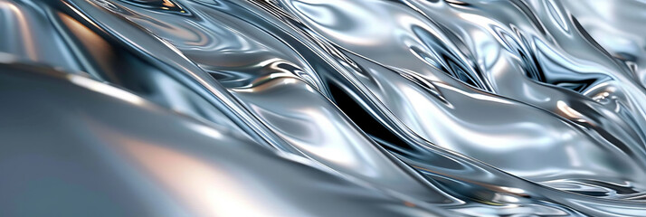 Wall Mural - close up of a beautiful silver abstract with silver reflection  Background, Chrome Waves banner