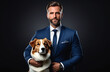 Portrait of a man in a business suit with a dog